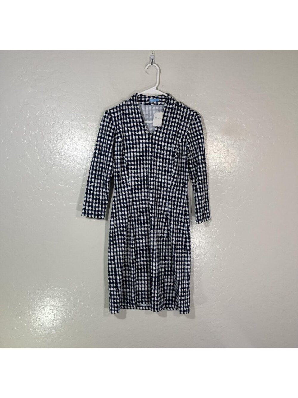 J.McLaughlin Dress Womens XS Blue Check Sheath 3/4 Sleeve V Neck Stretch